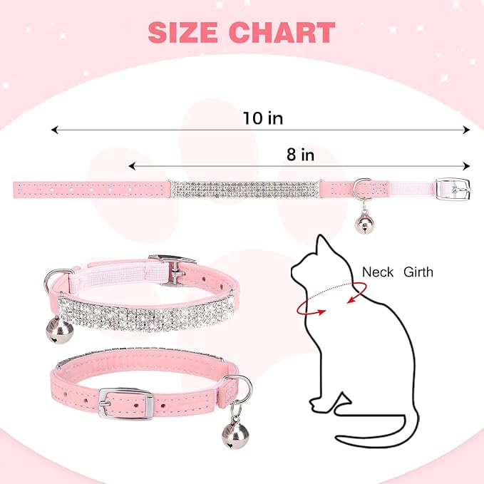 BINGPET Diamond Cat Collar with Bell, Adjustable Soft Velvet Bling Rhinestone Cat Collar, Sparkly Kitten Collar with Safety Elastic & Metal Buckle for Small Medium Cats
