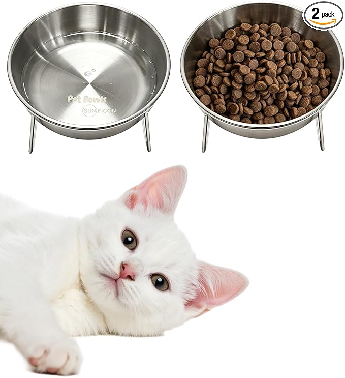 15° Tilted Cat Food Bowls 304 Stainless Steel Kitten Food Bowl Raised Food and Water Dish for Cats Elevated Cat Bowl Plate Stand Whisker Friendly Smooth Polished Easy to Clean Dishwasher Safe 2PACK