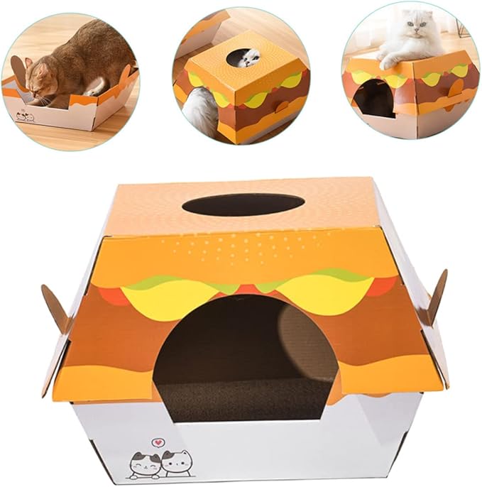 ORFOFE Creative Burger-Shaped Cat Scratching Board Bed Corrugated Cardboard for Play Relaxation Reduces Furniture Damage for Indoor Cats