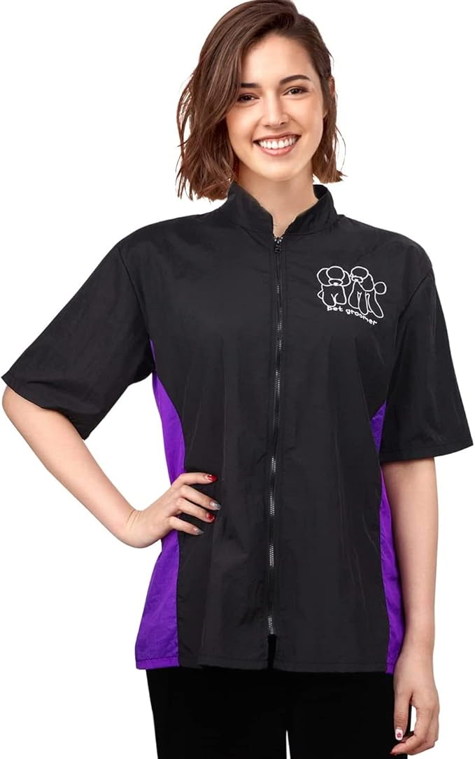 Noverlife Pet Grooming Workwear with Full Zipper, M Size, Anti-Static Pet Beautician Uniforms, Lightweight Hair Repellent Shirt Style Pet Groomer Smock for Dog Cat Grooming Shop
