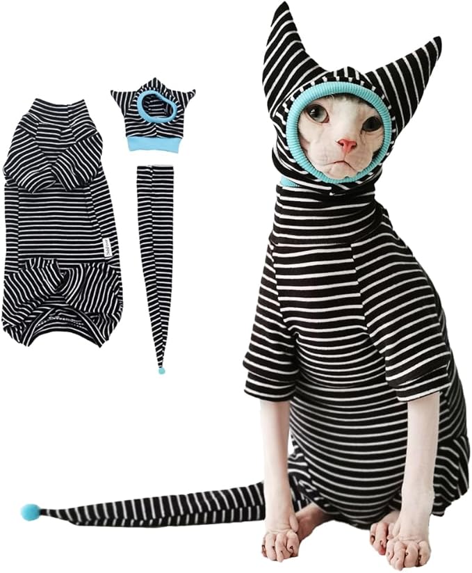 Sphynx Cat Clothes Black Stripe Breathable Shirts Suit, Pet Hat and Shirt Set (XX-Large)