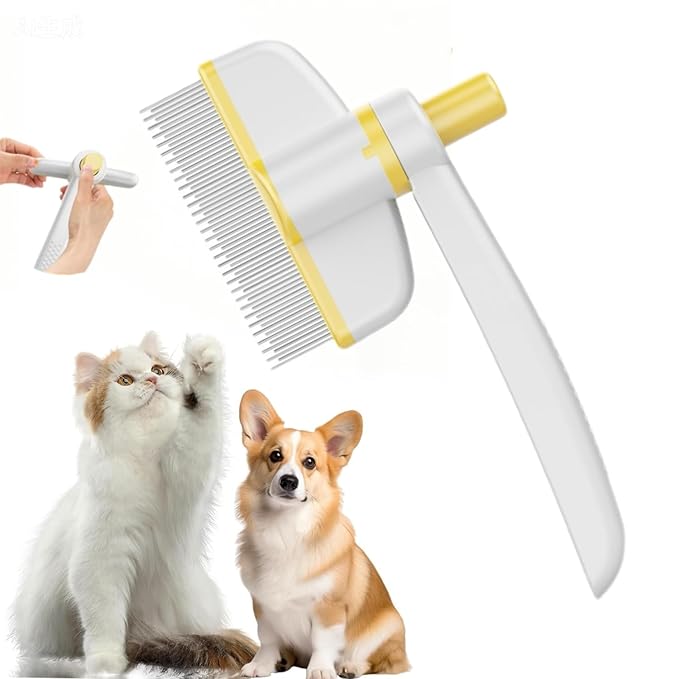 Pet Hair Removal Comb & Flea Comb with Release Button for Cats & Dogs - Grooming Brush for Short/Long Hair Yellow