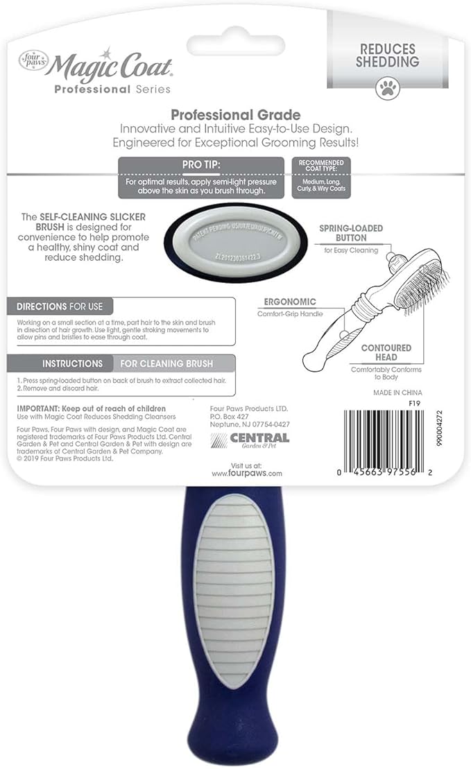 Four Paws Slicker Brush, Professional Series Grooming Brush for Dogs & Cats, Self-Cleaning, Reduces Shedding, All Coat Types, Blue & Grey