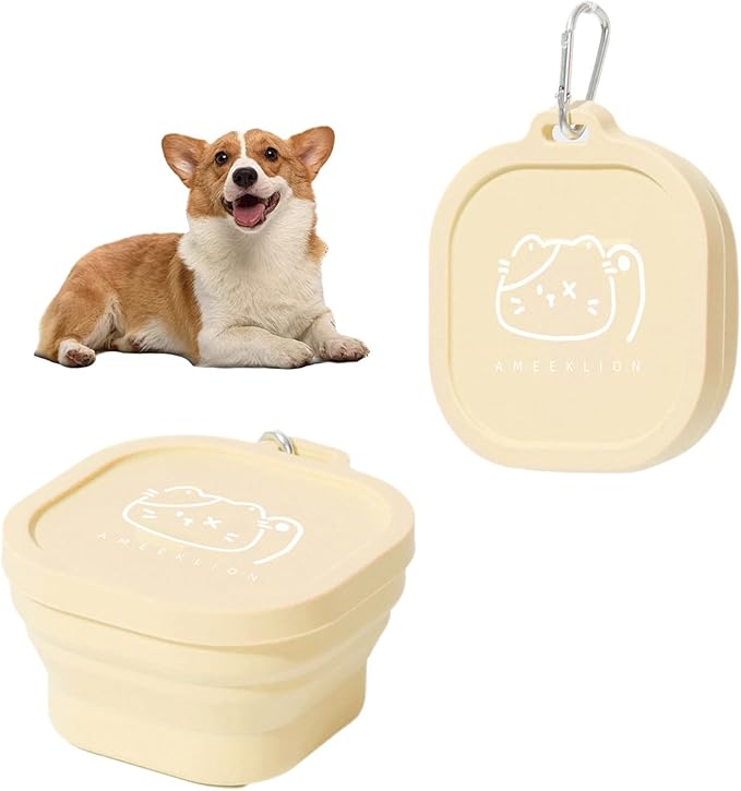 Foldable Pet Bowl Collapsible Dog Cat Bowls with Carabiners for Travel Portable Food Water Feeder for Hiking Park Light Yellow One Size