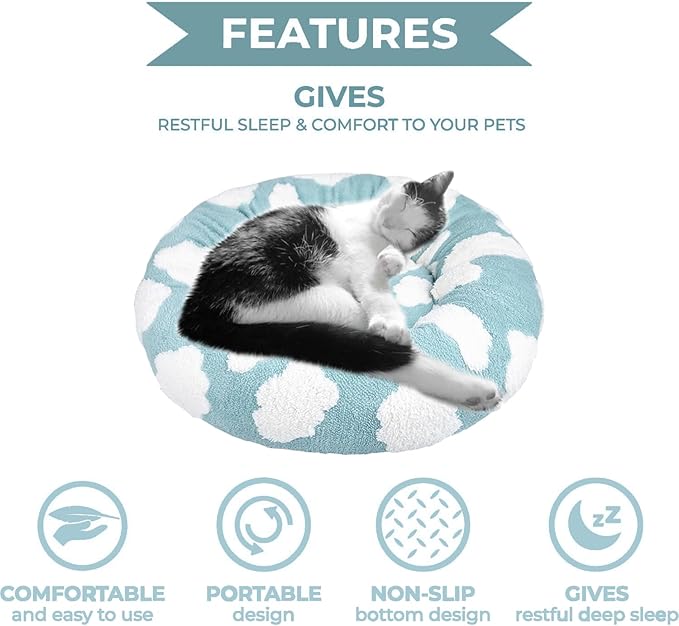 Whiskers & Friends Cat Beds for Indoor Cats, Fluffy Calming Donut Cat Bed, Small Dog Bed Washable - Orthopedic Soft Plush Pet Beds Sized for Kitten to Large Cats & Puppy to Small Dogs - Blue White