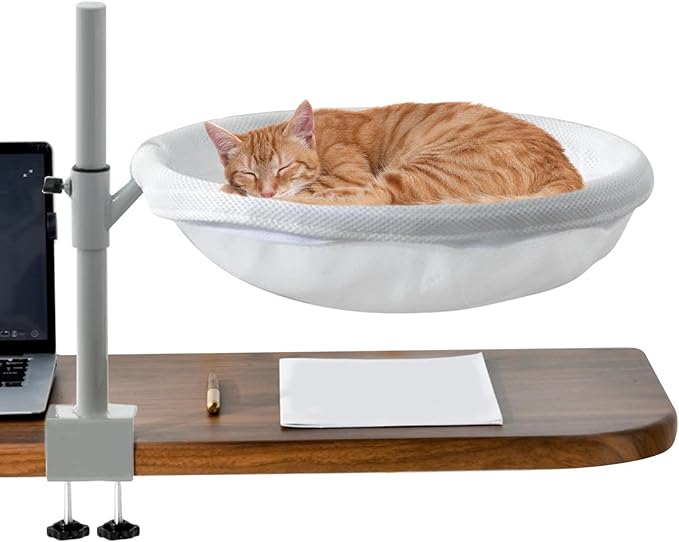 Desk Cat Bed Hammock, 360 Rotating Cat Nest Seat, Space Saving Pet Bed Mounted On Table with Washable Cushion Cover, Modern Cats Furniture for Home Office Setup Desktop Use