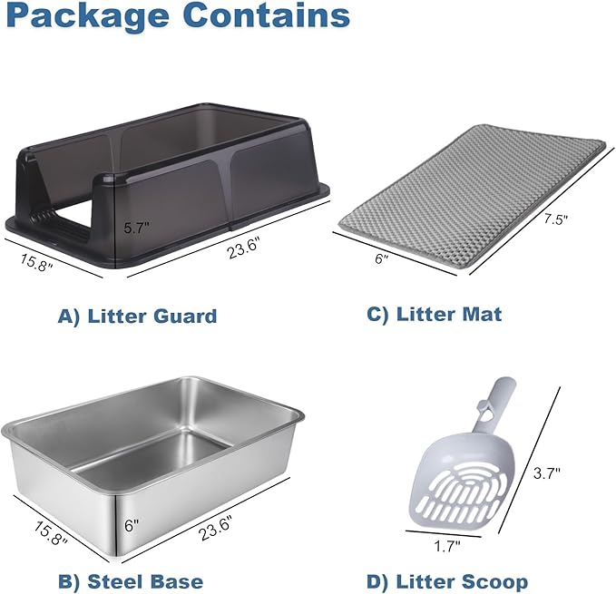 2 Pack Stainless Steel Cat Litter Box with Lid - XL Extra Large Enclosed Metal Litter Pan for Big Cats, High Sided Non-Stick Odor Resistant Anti-Urine Leakage, Easy Clean with Scoop & Mat, Black