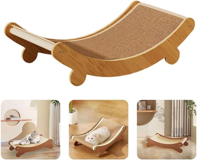 2-in-1 Cat Scratch Chair, Elevated Bed, Hammock Beach Chair Lounger, Wooden Cat Furniture, Cats Lounger with Sisal Mat, Hammocks, Cats Beds Pet Bed Mat (Coffee_19x12Inch)