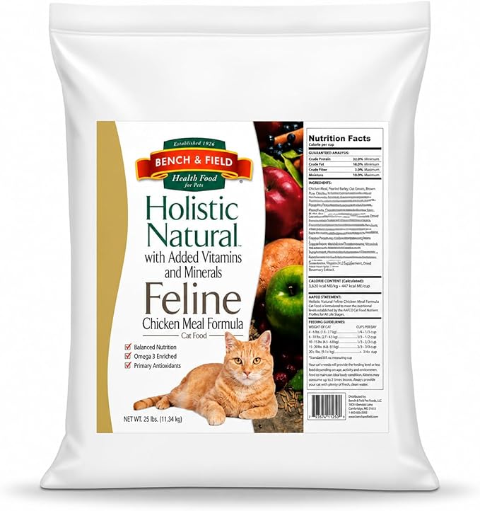 Bench & Field Holistic Premium Dry Cat Food, Chicken Meal & Brown Rice Recipe, Made Without Corn, Wheat, or Soy, All Life Stages, 25 lb Bag (Pack of 1)