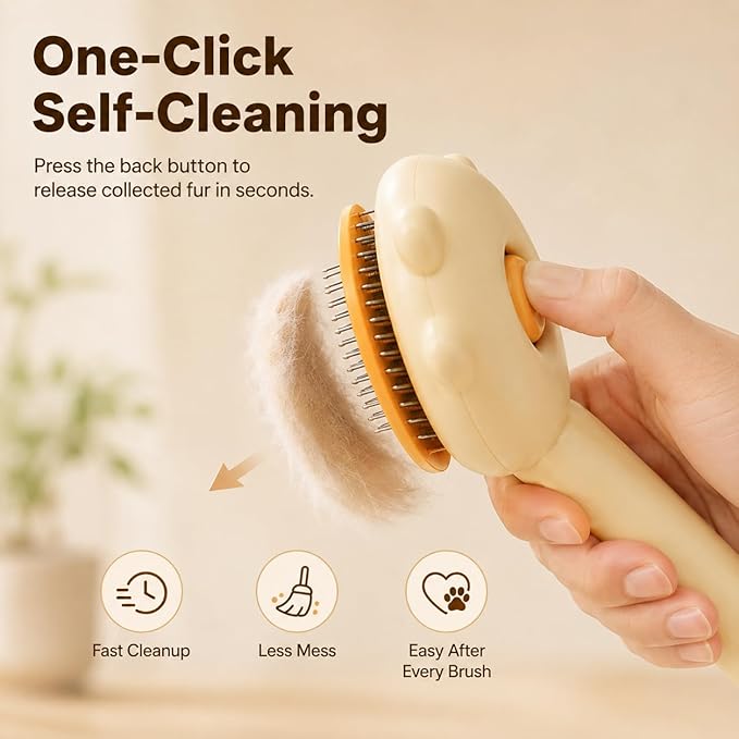 Cat Brush for Shedding, Self-Cleaning Hair Brush with Release Button for Indoor Cats, Soft Silicone Grooming Comb for Long and Short Haired Cats, Cute & Effective Pet Hair Remover Tool, Yellow