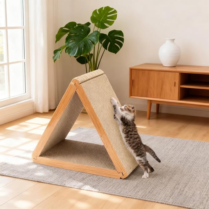 3 Pack Cardboard Cat Scratcher Pad, 6-Sided Buildable Triangle Cat House, Durable Scratching Board Furniture Protector for Indoor Cats