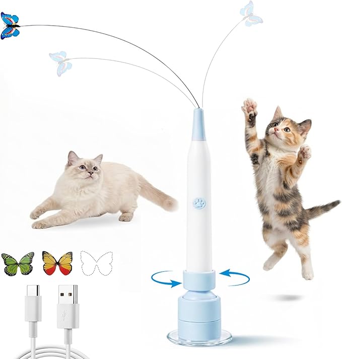 Interactive Cat Toys for Indoor Cats - Electric Cat Wand Toy with Butterfly, Self-Play & Handheld Dual Mode, USB Rechargeable with Strong Suction Base, Smart Motion Activated Enrichment Cat Toy, Blue