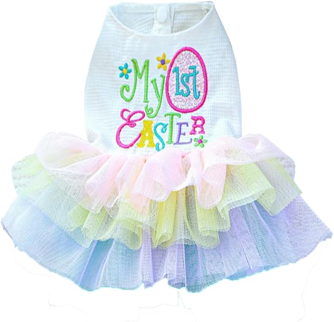 ANIAC Happy 1st Easter Dog Dress Girl Holiday Puppy Clothes for Small Dog Easter Cat Outfit Eggs Print Rainbow Doggy Princess Tutu Dress Pet Clothing (Large)