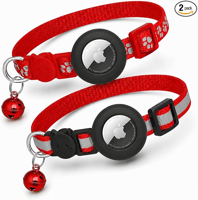 Cat Collar Breakaway 2Packs, Reflective Kitten Collar with Apple Air Tag Holder and Bell for Girl Boy Cats, 0.4 Inches in Width and Lightweight (Red)