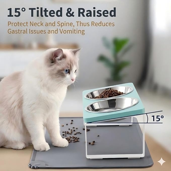 Upgraded Elevated Cat Bowls with Food Mat,15°Tilted Stand Anti Vomiting Raised Cat Dishes for Food and Water,2 Stainless Steel Bowls for Cats and Puppy（Teal）