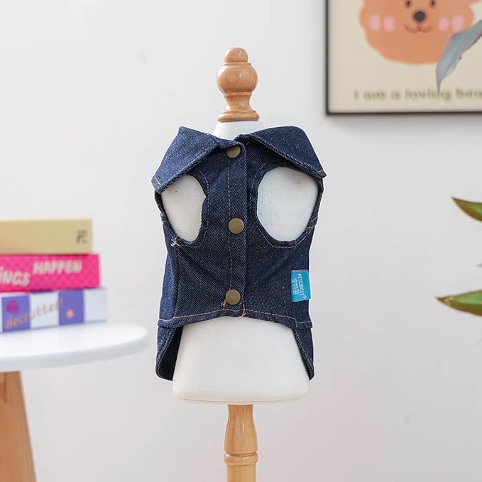 California Dog Denim Jacket with D-Ring Harness, Embroidered Jean Vest for Small Medium Dogs, Snap Button Pet Clothes Puppy Outfit for Walking(S)