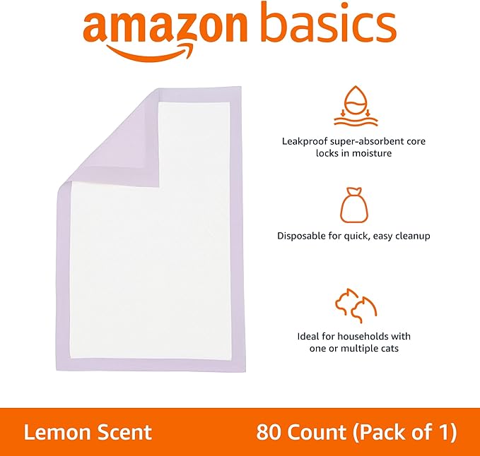 Amazon Basics Cat Pee Pads, Odor Control, Super Absorbent, Disposable, Universal Fit for Litter Box, Lemon Scent, Multi Cat, White/Purple, 80 Count