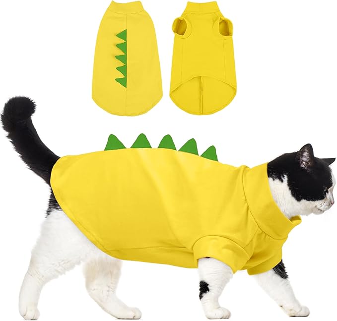 DENTRUN Sphynx Cat Clothes, Cute Dinosaur Design Hairless Cat Costume, Breathable Cotton Shirts Cat Clothes for Cats Only, Round Collar Kitten Daily T-Shirts with Sleeves, Cats Funny Cosplay Apparel