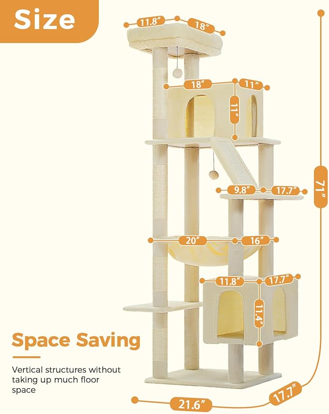 MUTTROS 71" Tall Cat Tree for Large Cat 20 lbs with Super Large Hammock, Heavy Duty Cat Tower with 4 Sisal Scratching Posts & 2 Spacious Condos for Big Adult Cats Maine Coon-Beige
