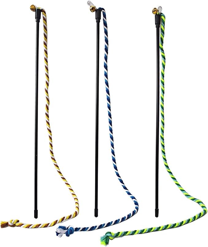 Cat Wand Toys, 3 PCS String Kitten Toys Colorful Hemp Rope Kitten Stick Kitty Teaser Wand Interactive Cat Toys for Indoor Playing