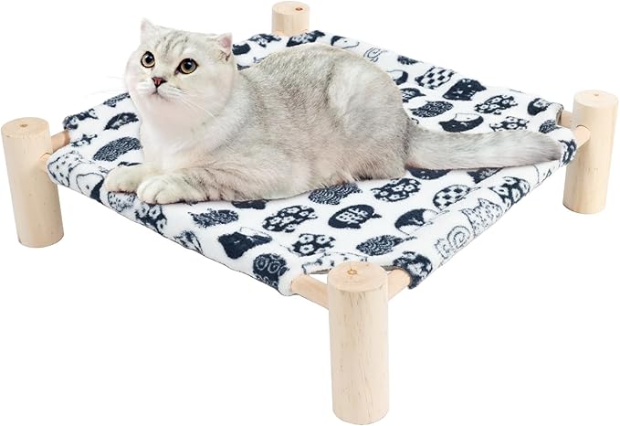 Patas Lague Cat and Dog Hammock Bed for Small Dogs, Brethable Wooden Cat Pet Rabbit Elevated Bed Cots Furniture for All Seasons Fleece Ivory
