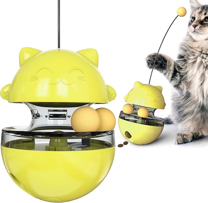 Interactive Cat Toy for Indoor Cats Wobble Treat Dispenser Ball Kitten Food Dispenser & Puzzle Feeder Balls & Enrichment Toys & Mental Stimulation Interactive Brain Game (Yellow)