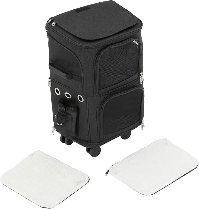 Double-Compartment Pet Carrier Backpack with Wheels for Small Cats and Dogs, Cat Rolling Carrier for 2 Cats, Perfect for Traveling/Taking a Walk/Trips to The Vet,for Up to 22 LBS (Black)