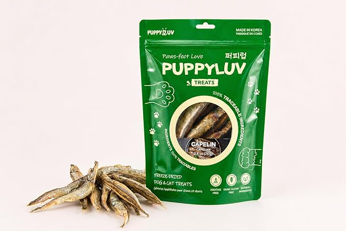 Puppyluv Capelin Treats for Dogs & Cats – Freeze-Dried Whole Fish, High Protein, Omega 3/6/9, Healthy Skin & Coat, Grain-Free, Natural Training Treats, 2.6oz