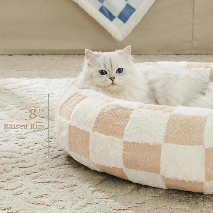 Ohocut Checkered Cat Dog Bed, Cute Beige Khaki Retro Style Aesthetic Round Warming Pet Calming Beds for Small Dog and Cats, Plush Cozy Donut Beds Washable, 23" L x 23" W x 8" Th