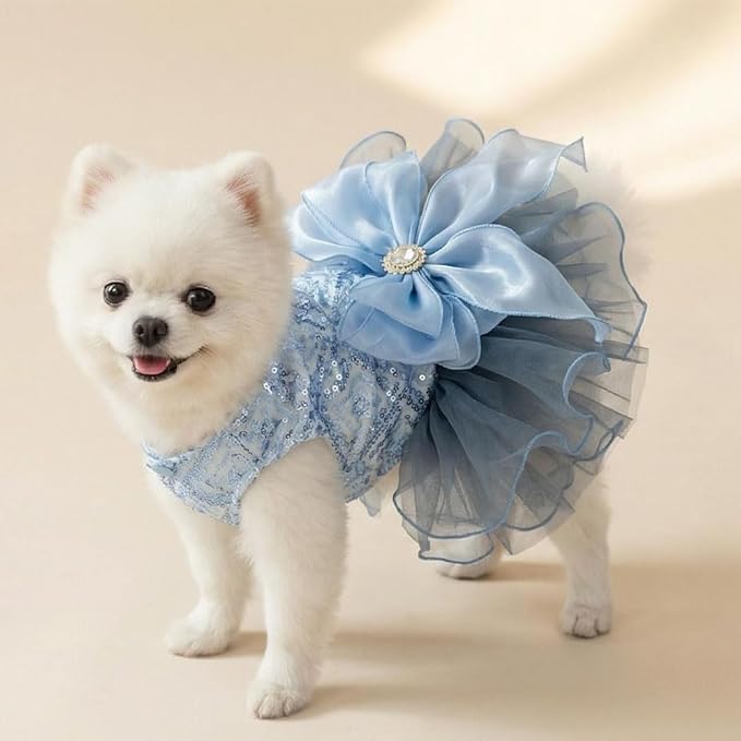 Blue Princess Small Dog & Cat Dress - Sequin Tutu Outfit with Bow Knot & Pearl Decor | Formal Pet Clothes for Wedding, Birthday, Party | Fit Chihuahua, Yorkie, Kitten (Blue-Bow, X-Large)