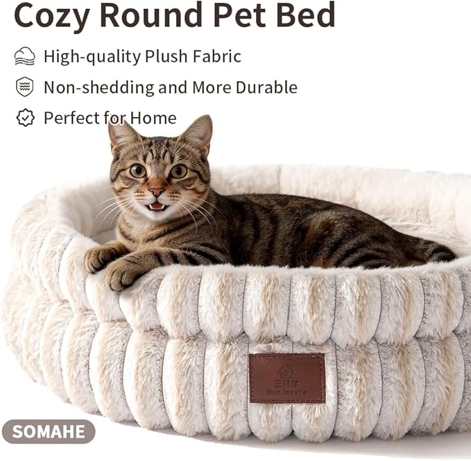 SOMAHE Cat Bed, Round Plush Faux Fur Donut Cuddler – Machine Washable Calming Cat Bed for Indoor Cats & Kittens, Removable Cushion Non-Slip Fluffy Kitten Bed, Cozy Small Cat Nest, 20" Inch White