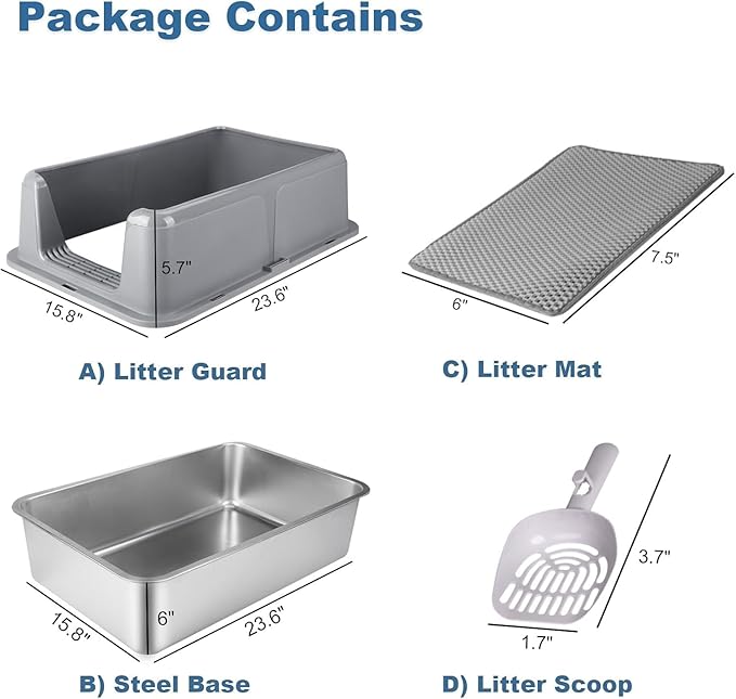 2 Pack Stainless Steel Cat Litter Box with Lid - XL Extra Large Enclosed Metal Litter Pan for Big Cats, High Sided Non-Stick Odor Resistant Anti-Urine Leakage, Easy Clean with Scoop & Mat, Gray/White