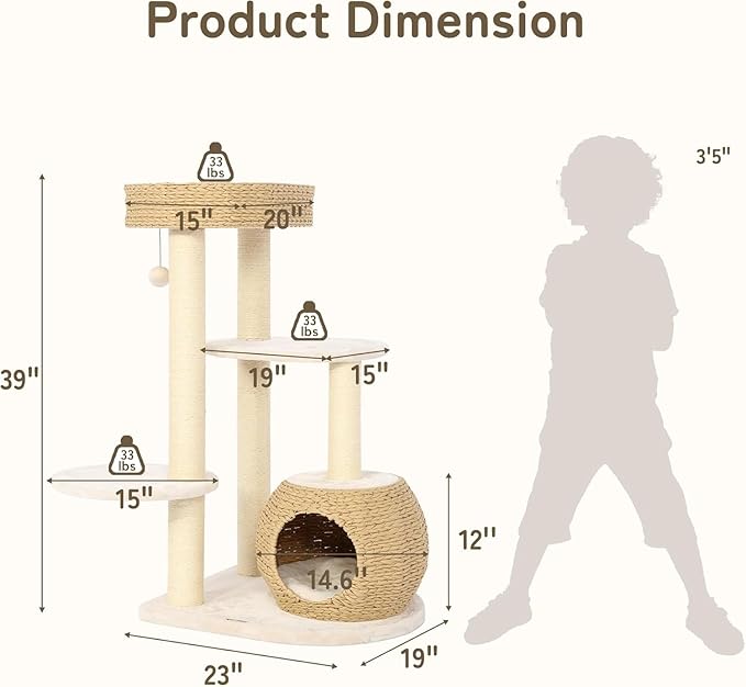 KAMABOKO 39 Inch Modern Cat Tree for Indoor Cats, Solid Wood Cat Tower with Natural Sisal Scratching Posts, Hand-Woven Cat Condo & Top Perch