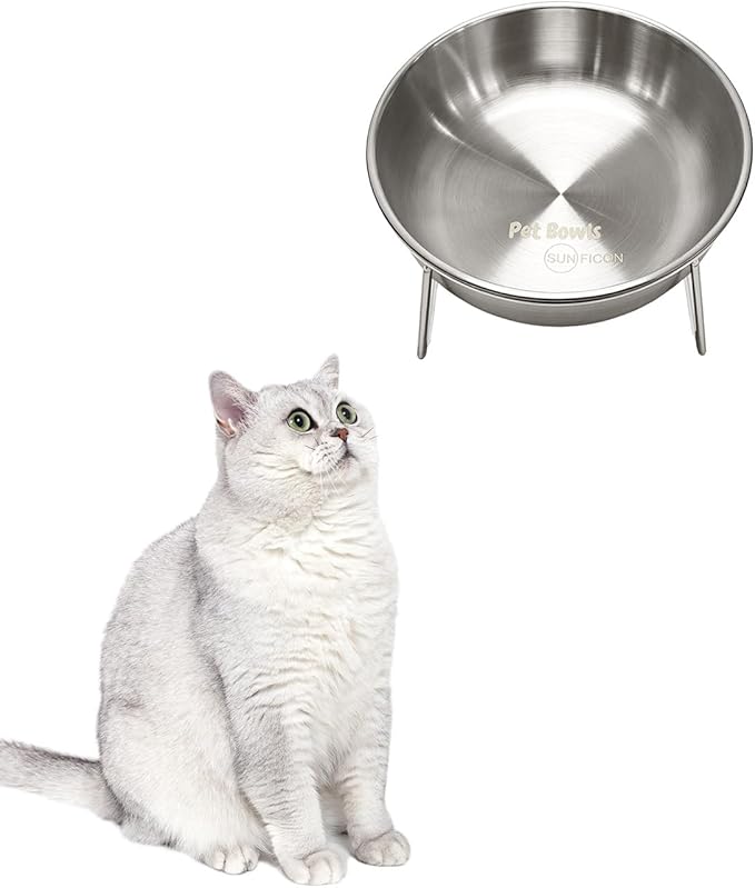 15° Tilted Cat Food Bowls 304 Stainless Steel Kitten Food Bowl Raised Food and Water Dish for Cats Elevated Cat Bowl Plate Stand Whisker Friendly Smooth Polished Easy to Clean Dishwasher Safe 1PACK