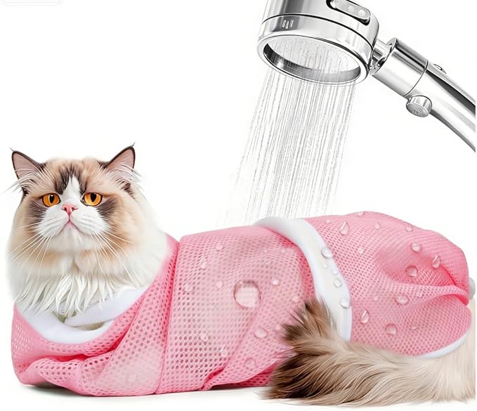 Cat Bag for Bath Adjustable Breathable Mesh Pet Restraint Bag for Bath Nail Trim Medicine and Vet Visits Escape Proof Wash Bag Pink