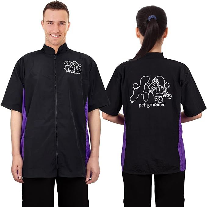 Noverlife Short Sleeves Pet Grooming Workwear with Full Zipper, 3XL Size, Anti-Static Pet Beautician Smock, Lightweight Pet Groomer Uniforms, Comfortable Dog Cat Grooming Jacket for Men Women