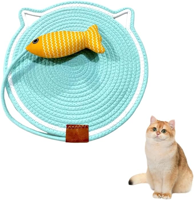 Cat Scratcher Mat Cotton Rope, Round Woven Scratch Pad with Fish Toy, Wear-Resistant Cat Bed Mat with Hanging Loop for Sleeping Scratching Furniture Protects