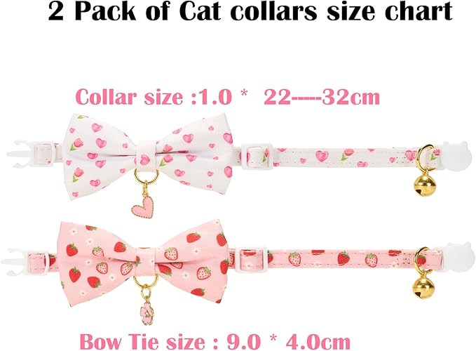 2 Pack Cat Collars, Removable Bowtie, Pink Heart Pattern, Safety Breakaway Clasp, Adjustable for Cats.(Adult Cat, Pink Strawberry and White Heart)
