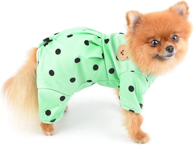 PAIDEFUL Polka Dot Dog Pajamas for Small Dogs, Lightweight Four-Leg Puppy One-Piece with Belly Coverage, Soft Pullover Sleepwear for Chihuahua Yorkie and Cats, Green, S