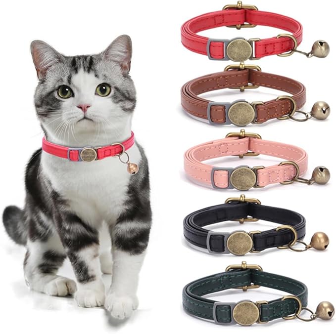 Vintage Style Leather Breakaway Cat Collar, Personalized Leather Cat Collar with Bells-Adjustable Customized Collar with Name & Phone Number Tag for Girl Boy Cats and Puppy（Pink