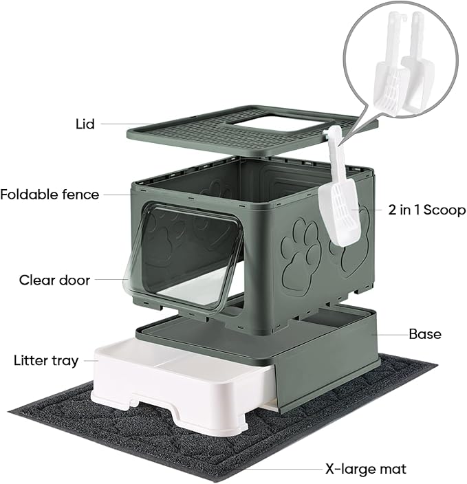 Medario Cat Litter Box with X-Large Litter Mat and Scoop, Large Covered Litter Box with Lid, Enclosed Kitty Box,Front Top Entry Exit, Odor Control Easy to Clean (Upgrade Olive Green)