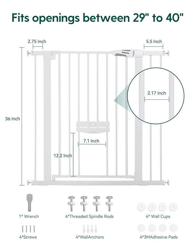 Babelio 36 Inch Extra Tall Baby Gate with Cat Door, 29-40" Metal Dog Gate, Cat Gate for Stairs, Doorways, Auto Close Safety Gate with Pet Door, Easy Walk Thru, White