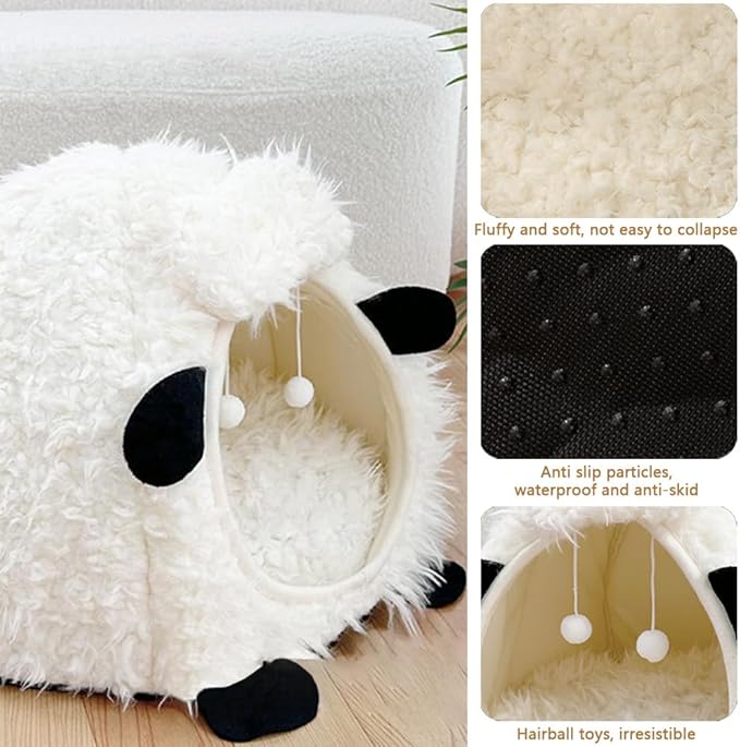 LYFJMUS Mushroom Cat Bed Chocolate Cookie Cat Beds for Indoor Cats Mushroom Cow Shape Cat Cave Bed Cat Tent with Removable & Washable Cushion Pillow Cat House Bed for Cats Small Dogs ﻿ (White Sheep)