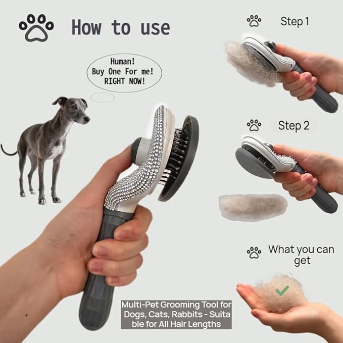 Diamond Rhinestone Cat Hair Brush Deshedding Brush Dog Hair Remover Tool Stainless Steel Comb Slicker Brush with Release Button for Dog Cat Rabbit Shedding Pets Grooming (Gray)