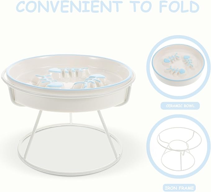 Kichvoe Elevated Ceramic Cat Bowl Slow Feeding Pet Feeder with Iron Stand Raised Slow Eating Dish for Cats and Small Dogs Blue and White for Whisker Relief