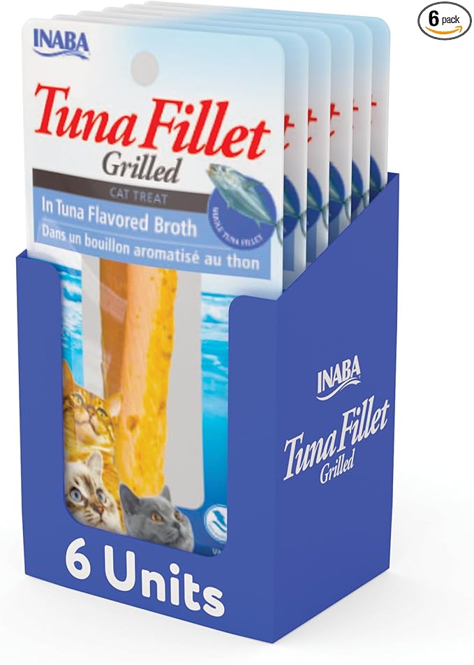 INABA Premium Hand-Cut Grilled Tuna Fillet Cat Treats/Topper with Vitamin E and Green Tea Extract, 0.52 Ounces Each, Pack of 6, Tuna Broth