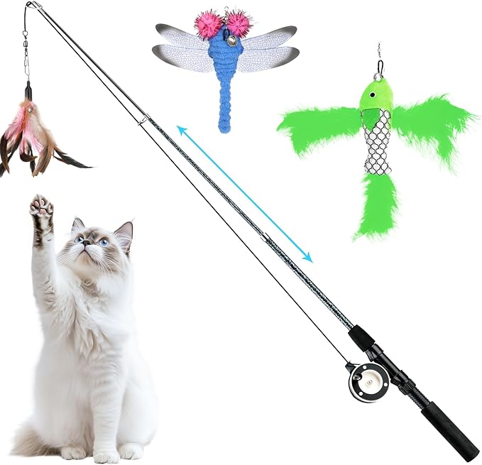 Pawaboo Interactive Cat Toy, Retractable Cat Fishing Rod with 3 Replacement Fishing Lures Made of Feathers and Bells, Adjustable Line Length, Feather Teaser for Cats, Kittens, Fun, Blue