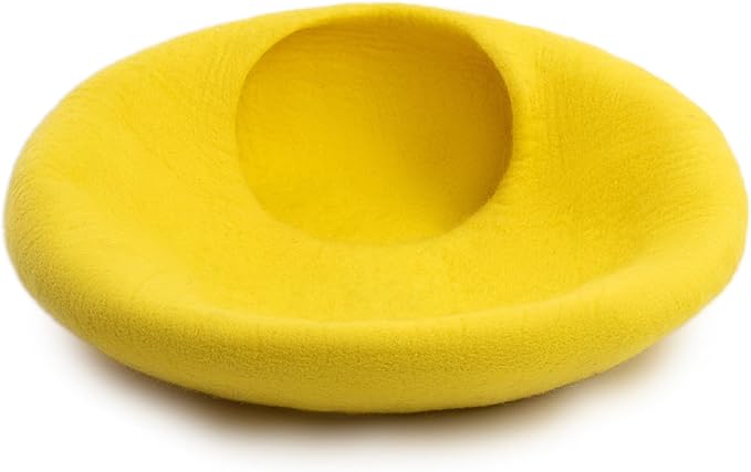 Luxurious Merino Wool Cat Cave - Foldable Hideaway Pod for Indoor Cats - Premium Felt Kitten Pet Enclosure - Covered Cat House for Ultimate Cozy Comfort by Woolygon (Yellow Plain)