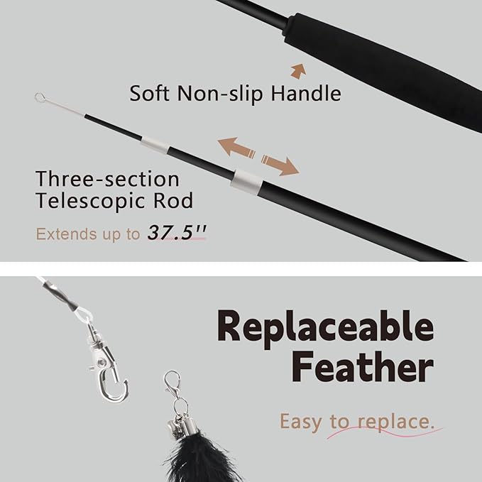 SONGWAY Cat Wand Toys for Indoor Cats - Cat Toy Set with Retractable Teaser Wand and 6 PCS Feather Toy Refills, Dragonfly Tassel Cat Toys Interactive, Black