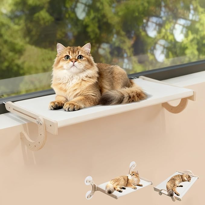 Window Cat Bed, Sturdy Cat Window Perch, Adjustable 4-in-1 Cat Hammock, 4 Modes for Complex Scenarios, Durable & Safe Hanging Seat for Kittens, Cats, Small Pets to Sleep & Play (Beige, 18inch)
